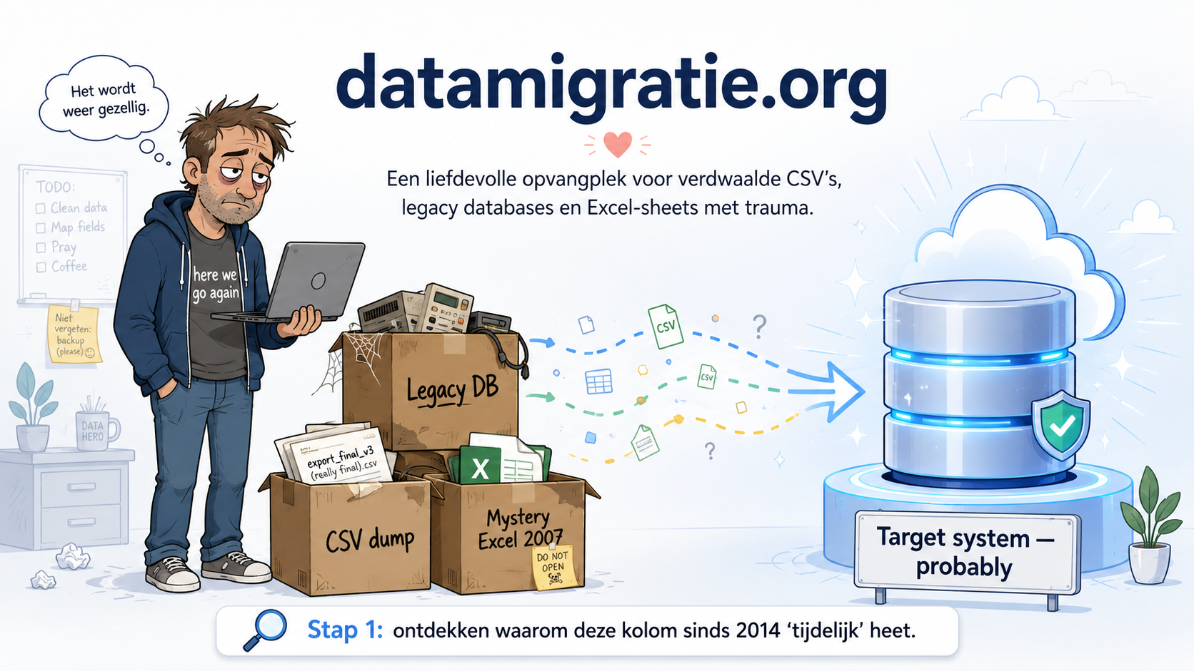 Humoristische illustratie van een vermoeide IT'er met legacy data die naar een target systeem migreert